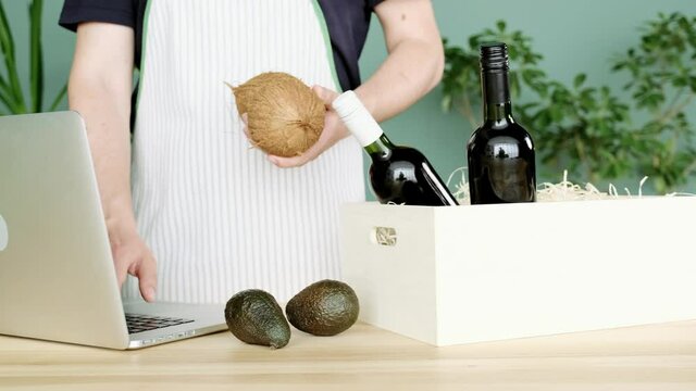 Shopping deliver wine bottle box delivery online apron worker