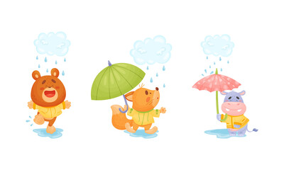 Smiling Animals Wearing Coat Walking on Puddles in Rainy Day with Umbrella Vector Set