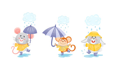 Smiling Animals Wearing Coat Walking on Puddles in Rainy Day with Umbrella Vector Set