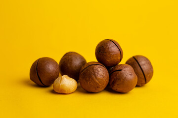 macadamia nut close-up on a yellow background