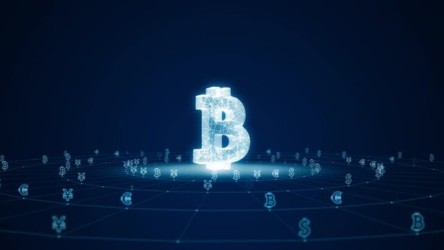 Motion graphic of Blue digital 3D money logo with futuristic technology icon and line connection with circle rotation on abstract background concept seamless loop video