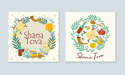 Fototapeta na wymiar Rosh Hashana Jewish Holiday Greeting Card with Attributes and Symbolic Food Vector Set