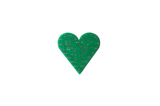 Circuit board in the shape of heart on white background. Valentine's Day concept photo.