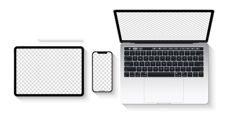 Top view device mockup set : laptop computer, smartphone, tablet, pencil, keyboard. Isolated realistic devices mock-up with empty screens and shadow on white background.  Vector illustration.
