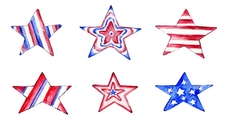 Obraz premium American stars set. Hand-drawn watercolor illustration isolated on white background for the design of postcards, stickers, mugs. Independence Day in the USA 4th of July