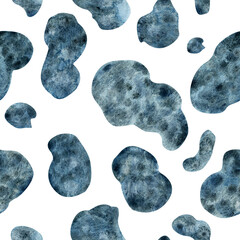 Blue and black abstract textural shapes. Hand-drawn Seamless watercolor pattern on a white background. Cow pattern