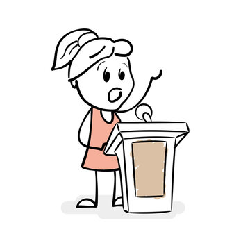 Doodle Stick Figure Of Young Girl Speaker On Podium. Cartoon Stick Figure Woman Stands Behind Stage With A Raised Hand. Orator Speaking From Tribune. Stick Girl Giving A Lecture. Vector Illustration.