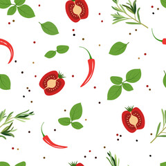 Seamless pattern from tomatoes, chili peppers and greens. Design for textiles. Vector