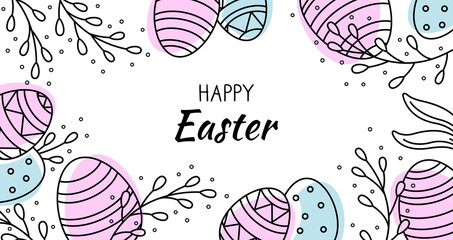 Festive Banner with Easter Eggs and Pussy Willow Branches. Decorative horizontal banner with Easter Eggs with decor. Vector border with place for text