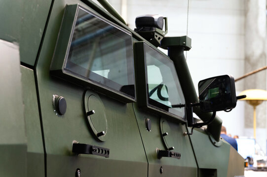 Armored vehicle VARTA. Bulletproof side glass of the VARTA armored vehicle on display at the international exhibition ARMS AND SECURITY - 2021. Kiev. Ukraine - June 18, 2021.