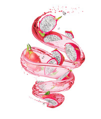 Sliced ripe dragon fruits (pitahaya) with splashes of juice in a swirling shape, isolated on white...
