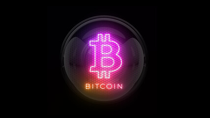 Bitcoin. Bitcoin logo. Instagram colors. Nixie tube indicator. Gas discharge indicators and lamps. 3D. 3D Rendering