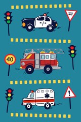 Hand drawn emergency city cars on the road with traffic lights and road signs on the blue background. Police car, fire engine truck, ambulance car. Cute kids vector illustration.
