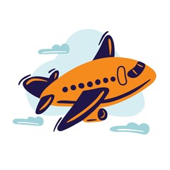 Hand drawn airplane. Orange and blue plane flying in the clouds. Cute kids vector illustration.