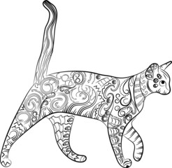 Hand drawn outline doodle illustration of a cat with decorative ornaments