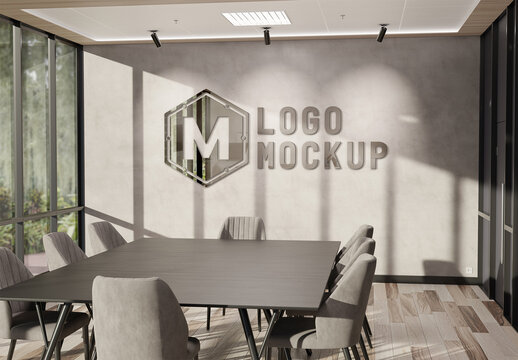 Logo Mockup on Office Wall with 3D Glossy Metal Effect