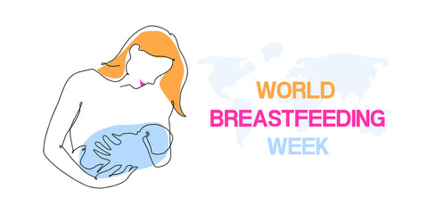 World Breastfeeding Week. Vector banner, poster, card for social networks and media. Logo of a mother nursing a baby. Pastel color. Support for Breastfeeding concept