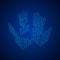Destroyed building ruin and concrete, war destruction concept. Wireframe low poly mesh vector illustration.
