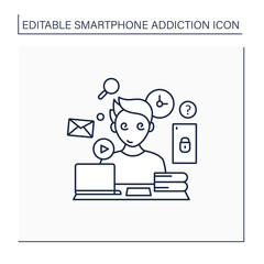 Information overload line icon. Overwhelmed with facts and data.Inability to focus in workspace.Smartphone addiction concept. Isolated vector illustration. Editable stroke