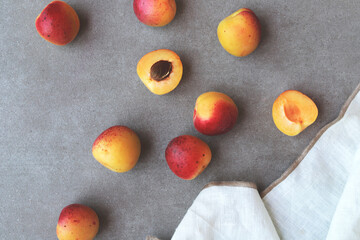 Apricots on marble background viewed from above. Fresh and healthy fruit. Top view