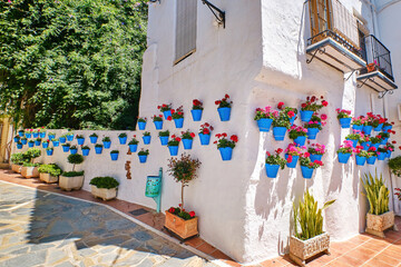 Beautiful old town in Marbella on a sunny summer day. White walls decorated with blue flower pot.