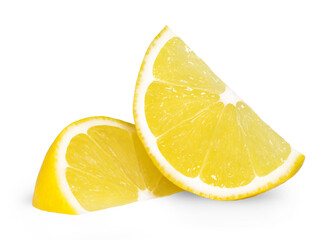 Juicy fresh yellow two lemon slices isolated on white.