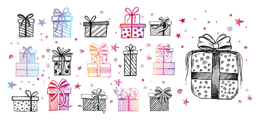 Naklejka premium Christmas set. Doodle icons of gift box. Hand drawn elements. Vector.