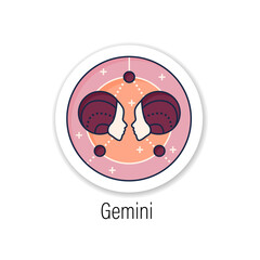 Gemini sticker icon. Third fire sign in zodiac. Horoscope twins. Mystic horoscope sign badge for designs. Astrological science vector emblem
