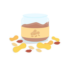 Glass jar filled with peanut butter. Vector food illustration in cartoon style. Opened jar and sprinkled peanuts