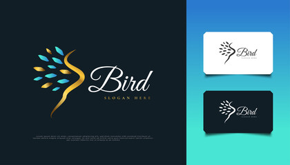 Elegant Bird Logo in Blue and Gold with Abstract Style. Luxury Flying Bird Logo Design