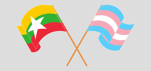 Obraz premium Crossed and waving flags of Myanmar and Transgender Pride