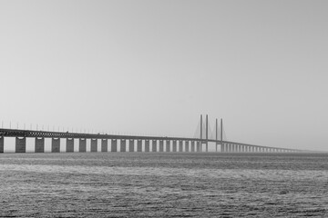 black and white view of the Oresund Bridge between Denmark and Sweden