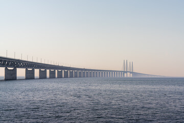 view of the landmark Oresund Bridge between Denmark and Sweden