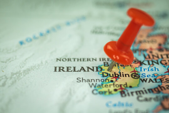 Location Ireland, Push Pin On Map Close-up, Marker Of Destination For Travel, Tourism And Trip Concept, Europe