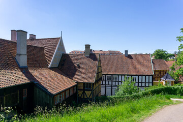 historic half-timbered houses in the old town center of Aarhus
