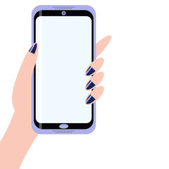 Vector graphics-a woman's hand with painted nails close-up holds a smartphone with an empty white screen with space for copying isolated
