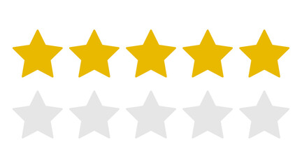 Five golden vector shape review ranking stars. Icon 5 yellow rating ui symbols.