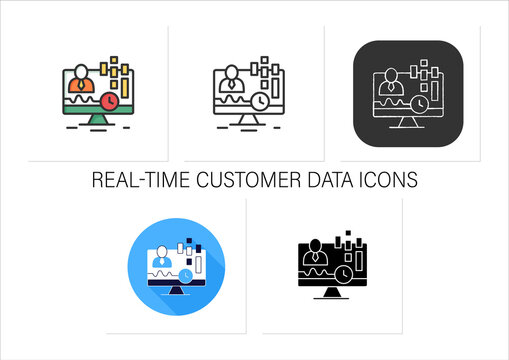 Real-time customer data icons set. Concentrates on real-time data captured from clients. Customer data concept.Collection of icons in linear, filled, color styles.Isolated vector illustrations