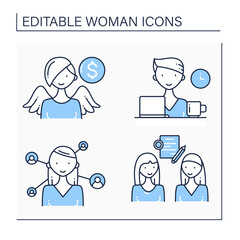 Woman line icons set. Networking, angel investor, business deal, freelancer. Successful woman concept. Isolated vector illustrations.Editable stroke