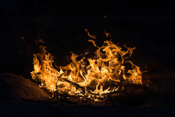 A bright bonfire on a solid black background. Flames of fire look like different shapes and objects