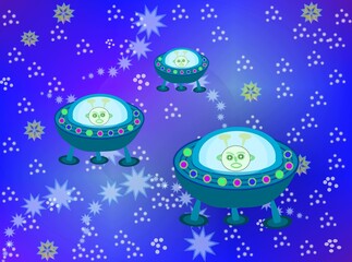 Colored illustration of the starry sky and three flying saucers for presentation background and page, for printing on fabric and paper © Валентина Андреева