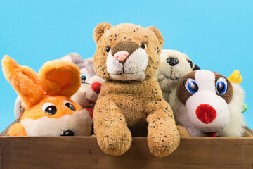 Children soft toy animals in wooden box
