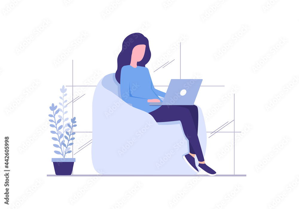 Sticker work and study at home concept. colored flat illustration. a person with a laptop. isolated on white