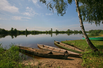 Eastern Europe, Republic of Belarus, Kachanovichi village, Pinsk district, Brest region. River and boats.