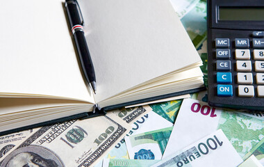 Notepad and pen, dollar and euro on the table.