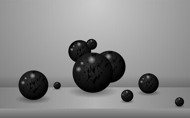 Dark Ball set isolated on black background. Realistic black orbs, oil collagen, 3d gel spheres. Vector water bubbles or round pills with shadows
