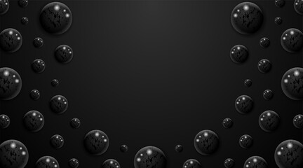 Dark Ball set isolated on black background. Realistic black orbs, oil collagen, 3d gel spheres. Vector water bubbles or round pills with shadows