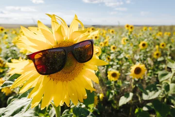 Rolgordijnen Blooming sunflower with sunglasses against the background of a sunflower field. Creative concept of vacation, holidays, summertime, country living. Fun, happiness mood. Funny moments © magic_cinema