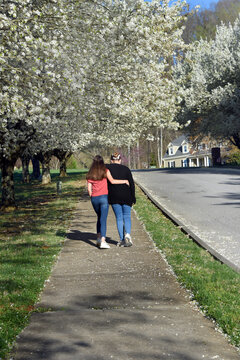 Arm In Arm Sisters Walk Around Their Neighborhood