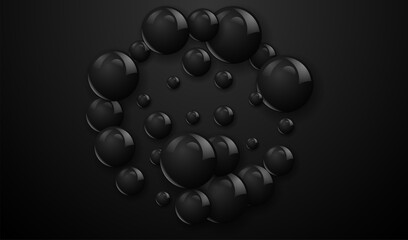 Dark Ball set isolated on black background. Realistic black orbs, oil collagen, 3d gel spheres. Vector water bubbles or round pills with shadows